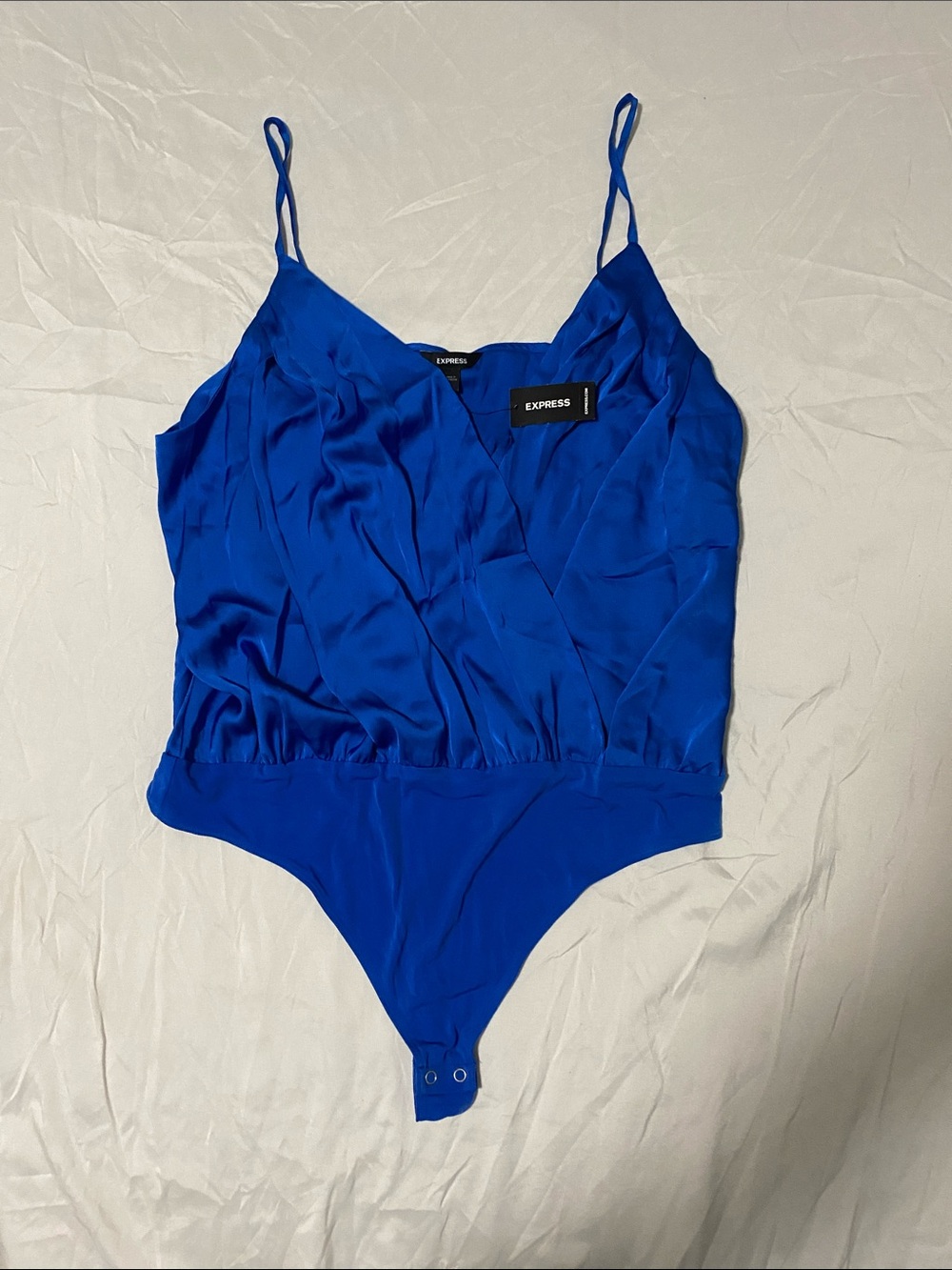 Express Cobalt Satin Wrap Bodysuit